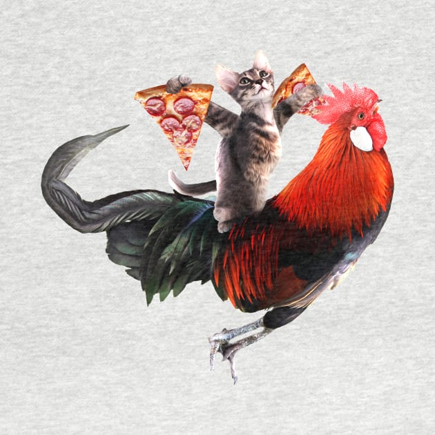 Cat with 2 Pizza Slices Riding Rooster by Random Galaxy